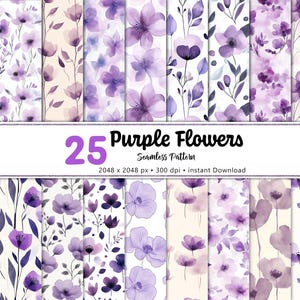 Purple Floral Watercolor Seamless Patterns: Violet Flower Digital Paper (Instant Download)