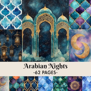 May include: A digital art collage with an Arabian Nights theme. The image features ornate arches, lanterns, and crescent moons in shades of blue, gold, and purple. The text "Arabian Nights -62 PAGES-" is displayed at the bottom.
