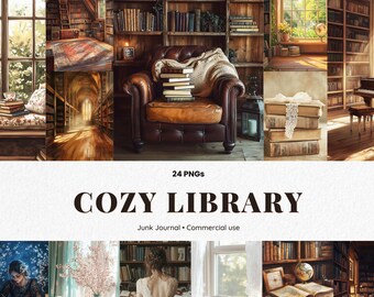 May include: A digital art collage featuring cozy library scenes. The images showcase bookshelves, a leather armchair with a stack of books, and a piano. The text "COZY LIBRARY" is displayed below the images, along with "24 PNGs".