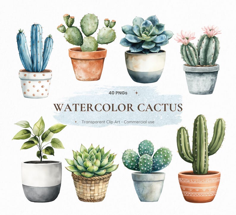 May include: Watercolor illustration of various potted cacti and succulents. The image features a variety of plants in different pots, including a blue cactus, a green succulent, and a cactus with pink flowers. The text "WATERCOLOR CACTUS" is also visible.