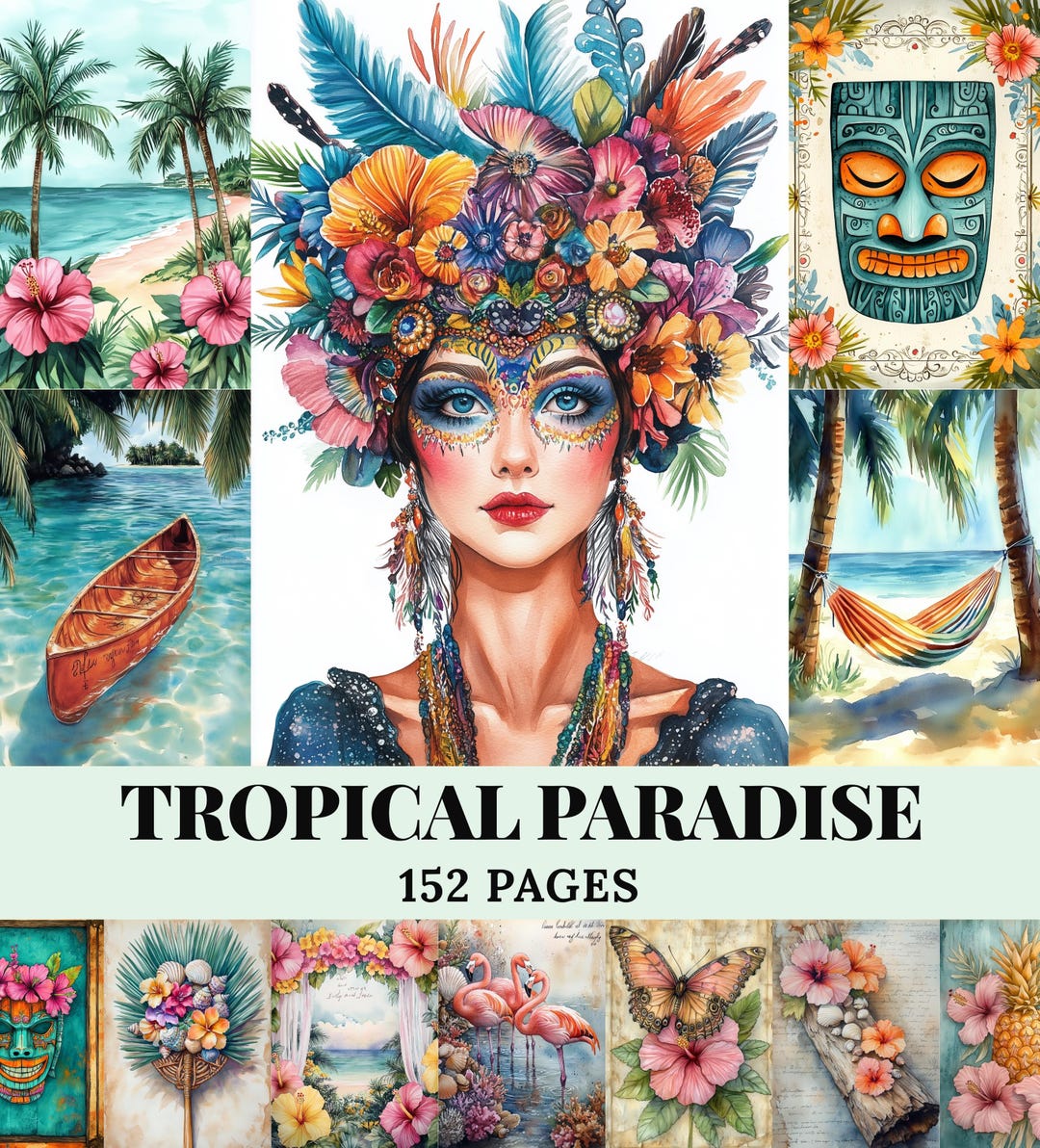 Tropical Paradise Junk Journal Pages, Watercolor Beach Scrapbook Bundle ...