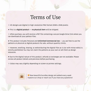 May include: A digital product information sheet titled "Terms of Use" on a light pink background with floral accents. The text details the product's digital format, usage rights, and refund policy. It also mentions new bundle designs added weekly.