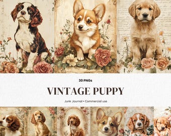 30 Vintage Puppy PNG Junk Journal Kit, Cute Dog Clipart, Shabby Chic Floral Ephemera Printable for Scrapbooking Cards, Tags & DIY Crafts Now