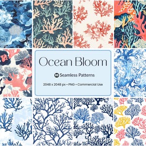 Ocean Bloom Seamless Patterns: Coral Reef PNG Backgrounds (Commercial Use Digital Paper Bundle