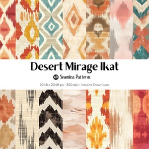 Könnte beinhalten: Eine Sammlung von 60 nahtlosen Mustern mit einem vom Wüsten-Ikat inspirierten Design. Die Muster weisen eine Vielzahl von Farben auf, darunter Rot, Orange, Gelb, Blau und Braun. Der Text "Desert Mirage Ikat" wird in schwarzer Schrift angezeigt.