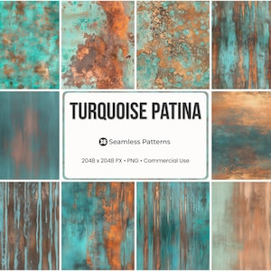 May include: A collection of nine seamless patterns featuring a turquoise patina design. The patterns showcase a blend of teal and copper tones, with textures reminiscent of aged metal. The image includes text that reads "TURQUOISE PATINA" and details about the patterns.