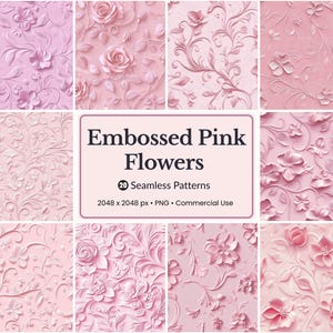 Embossed Pink Floral Seamless Patterns | 20 Elegant 3D Flower Textures | Pastel Rose Digital Paper | Floral Backgrounds | Commercial Use
