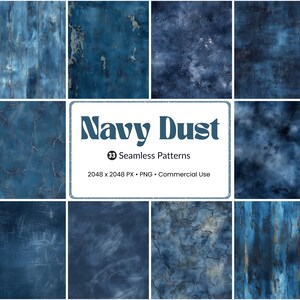 Könnte beinhalten: Eine Sammlung von neun nahtlosen Mustern in Marineblau mit verschiedenen Texturen. Die Muster umfassen abgenutztes Holz, rissige Oberflächen und marmorierte Effekte. Ein weißes Rechteck zeigt den Text "Navy Dust" und Details.