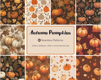 35 Autumn Pumpkins Seamless Patterns, Fall Leaves Digital Paper, Thanksgiving Pumpkin Backgrounds, Autumn Harvest Scrapbook PNG