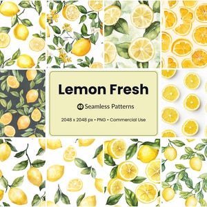 May include: A collection of watercolor seamless patterns featuring lemons. The patterns include whole lemons, lemon slices, and branches with leaves. The text "Lemon Fresh" is displayed, along with details about the patterns.