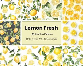 Lemon Watercolor Seamless Patterns: Citrus PNG Backgrounds (Commercial Use, Digital Download)