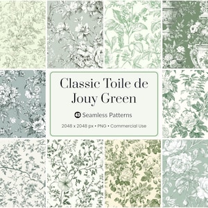 Peut inclure: Neuf motifs sans couture en vert et blanc, présentant des motifs floraux et botaniques. Les motifs comprennent diverses fleurs, feuilles et branches. Le texte "Classic Toile de Jouy Green" est affiché. Les motifs sont de 2048 x 2048 pixels.