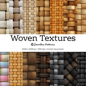 Puede incluir: Una colección de texturas tejidas en varios colores y patrones. La imagen muestra una variedad de patrones sin costuras, incluyendo tejidos beige claro, marrón y marrón oscuro. El texto "Woven Textures" se muestra en el centro de la imagen.