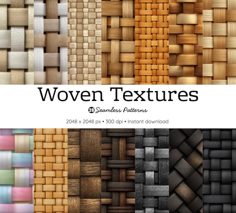 May include: A collection of woven textures in various colors and patterns. The image displays a variety of seamless patterns, including light beige, brown, and dark brown weaves. The text "Woven Textures" is displayed at the center of the image.