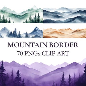 Può includere: Illustrazioni di clip art di bordi di montagne ad acquerello nelle tonalità del verde, blu e arancione. L'immagine include diverse illustrazioni di catene montuose e il testo "MOUNTAIN BORDER 70 PNGs CLIP ART".