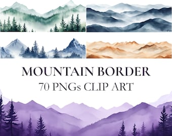 70 Mountain Border PNG Clipart Watercolor Landscapes | Transparent | Procreate Canva Cricut | Blue Green | Printable Invites & Cards!