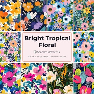 24 ljusa tropiska blommiga sömlösa mönster | Digitalt papper med djärva sommarblommor | Färgglada blombakgrunder | Kommersiellt bruk i PNG