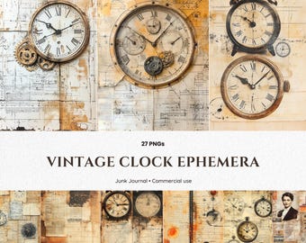 27 Vintage Clock PNG Junk Journal Kit, Steampunk Antique Clock Clipart, Time Ephemera Grunge Collage Printable for Crafts & Scrapbooking DIY