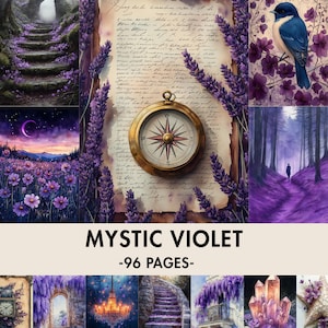May include: A collection of watercolour illustrations with a mystic violet theme. Features a compass, a blue bird, a forest path, a field of purple flowers, and a stone archway. The text "MYSTIC VIOLET -96 PAGES-" is displayed.