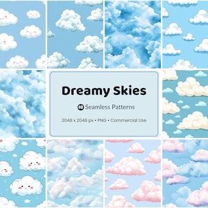 Dreamy Skies Seamless Patterns | 40 Cute Cloud PNG Digital Paper | Soft Sky Backgrounds | Blue Pastel Designs | Commercial Use