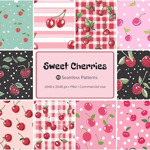 May include: Nine seamless patterns showcasing red cherries with green leaves. The designs feature polka dots, gingham, and striped backgrounds in shades of pink, black, and teal. The image includes the text "Sweet Cherries" and "35 Seamless Patterns".