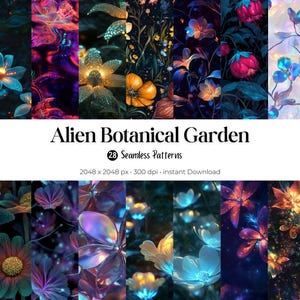 May include: A digital art collage showcasing a variety of seamless patterns with an "Alien Botanical Garden" theme. The patterns feature vibrant, glowing flowers and foliage in shades of teal, purple, orange, and pink. The text "Alien Botanical Garden" and "28 Seamless Patterns" are also visible.