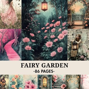 Könnte beinhalten: Eine digitale Kunstcollage mit dem Thema Feengarten. Das Bild enthält Illustrationen von Feen, Blumen und Gartenpfaden. Der Text "FAIRY GARDEN -86 PAGES-" wird am unteren Rand des Bildes angezeigt.