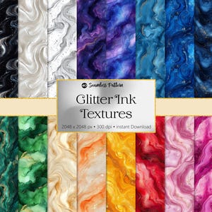Könnte beinhalten: Ein Set mit 10 nahtlosen digitalen Papiermustern mit abstrakten Glitzer-Tintentexturen in verschiedenen Farben, darunter Schwarz, Weiß, Blau, Grün, Gelb, Orange, Rot und Pink. Die Muster sind 2048 x 2048 Pixel groß und haben eine Auflösung von 300 dpi.