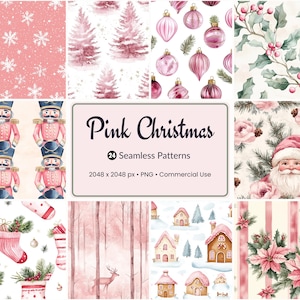 Puede incluir: Una colección de 24 patrones sin costuras con temática navideña rosa. Los patrones incluyen copos de nieve, árboles de Navidad, adornos, cascanueces, Papá Noel y escenas invernales. El texto "Pink Christmas" se muestra en el centro.