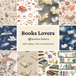Puede incluir: Una colección de patrones sin costuras con temática de libros. Los patrones presentan libros abiertos, pilas de libros e imágenes relacionadas como tazas de café y hojas de otoño. Se muestra el texto "Books Lovers".