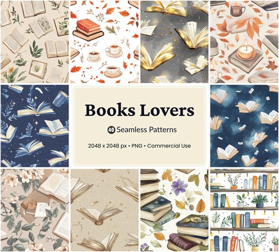 Book Lovers Seamless Patterns: Cozy Autumn Reading PNGs (Commercial Use