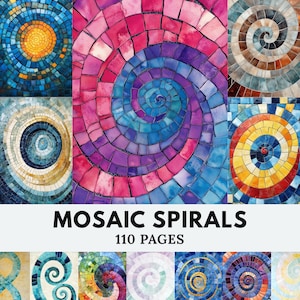 May include: A collection of mosaic spiral designs in various colors, including blue, yellow, purple, and brown. The image features the text "MOSAIC SPIRALS" and "110 PAGES". The designs are made of small, square tiles arranged in a spiral pattern.