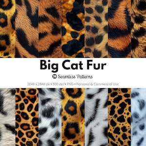 Estampados de piel de grandes felinos: leopardo, tigre, guepardo y jaguar sin costuras (papel digital)