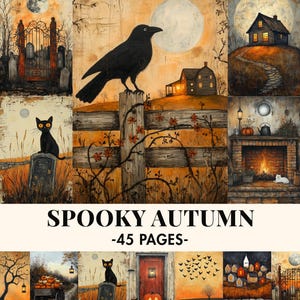 May include: A collection of 45 pages titled SPOOKY AUTUMN featuring illustrations of black crows, cats, pumpkins, graveyards, houses, and fireplaces under full moons. The artwork uses a warm orange and dark brown color palette throughout.