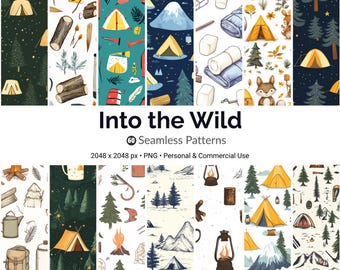 May include: A collection of 60 seamless patterns with camping and outdoor themes. The patterns feature tents, trees, mountains, and other camping-related illustrations. The text "Into the Wild" is displayed.