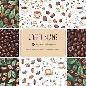 May include: A collection of watercolor seamless patterns featuring coffee beans, cups, and leaves. The patterns include various arrangements of coffee beans, coffee cups, and foliage. The image includes the text "Coffee Beans" and "50 Seamless Patterns".