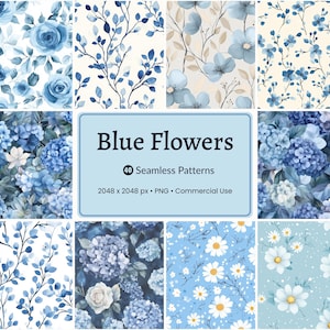 May include: A collection of watercolor seamless patterns featuring blue flowers. The patterns include roses, hydrangeas, and daisies, with a variety of backgrounds. The image includes the text "Blue Flowers" and "40 Seamless Patterns".