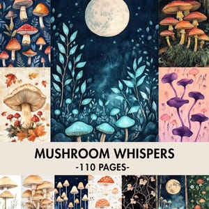 Mushroom Junk Journal Kit: Watercolor Fungi Digital Paper (110 Pages)