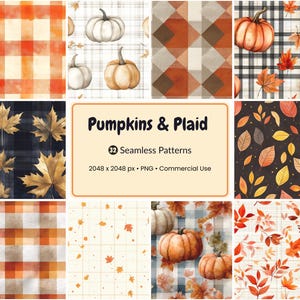 Puede incluir: Colección de patrones sin costuras en acuarela con diseños de calabazas y cuadros. Los patrones incluyen esquemas de color naranja, blanco y marrón, con hojas de otoño e ilustraciones de calabazas. Se muestra el texto "Pumpkins & Plaid".