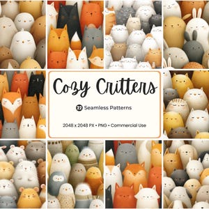 Cozy Critters Seamless Pattern Collection: 22 Kawaii Animal PNGs (Commercial Use)