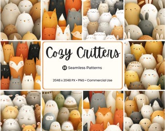 Cozy Critters Seamless Pattern Collection: 22 Kawaii Animal PNGs (Commercial Use)