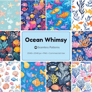 Op de afbeelding: Een verzameling van negen kleurrijke, naadloze patronen met een oceaan thema. De patronen tonen verschillende zeedieren, waaronder vissen, zeesterren en koraal, in levendige kleuren. De tekst "Ocean Whimsy" wordt weergegeven in een blauw kader.