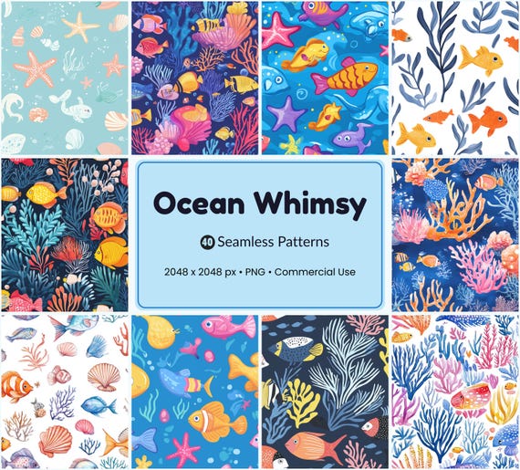 Ocean Whimsy Seamless Patterns: Colorful Fish PNG Digital Papers (Commercial Use