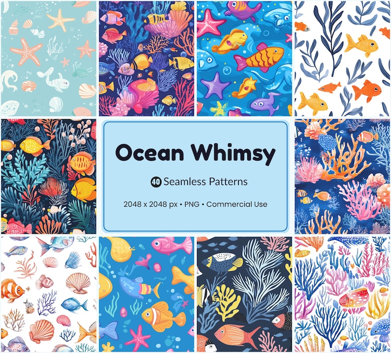 Op de afbeelding: Een verzameling van negen kleurrijke, naadloze patronen met een oceaan thema. De patronen tonen verschillende zeedieren, waaronder vissen, zeesterren en koraal, in levendige kleuren. De tekst "Ocean Whimsy" wordt weergegeven in een blauw kader.