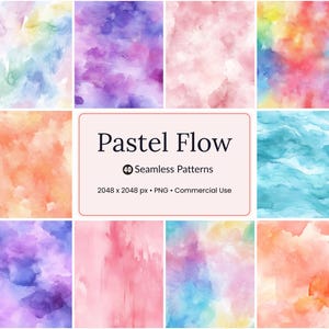 40 Pastel Flow Seamless Patterns | Watercolor Gradient PNG Backgrounds | Soft Abstract Texture Papers | Commercial Use