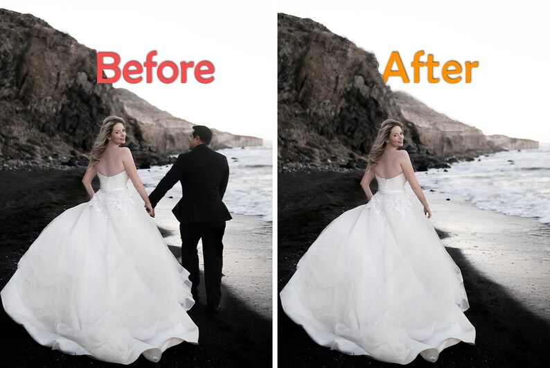 May include: A bride and groom walking on a black sand beach. The bride is wearing a white wedding dress with a long train. The groom is wearing a black suit. The text "Before" and "After" is visible in the image.