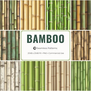 May include: A collection of 18 seamless bamboo patterns in various shades of green, yellow, and brown. The image includes a central graphic with the word "BAMBOO" and details about the patterns' resolution and usage.