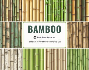 May include: A collection of 18 seamless bamboo patterns in various shades of green, yellow, and brown. The image includes a central graphic with the word "BAMBOO" and details about the patterns' resolution and usage.