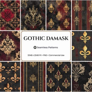 May include: A collection of nine seamless Gothic Damask patterns in shades of black, red, and gold. The patterns feature ornate floral and fleur-de-lis designs. The image includes a white rectangle with the text "Gothic Damask" and other details.