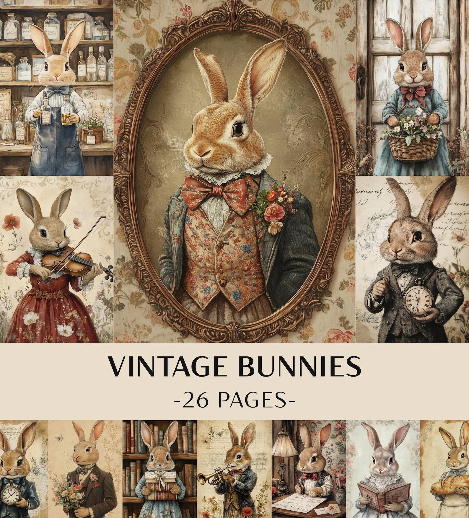 26 Vintage Bunnies Junk Journal Kit | Victorian Rabbit Printable Pages ...